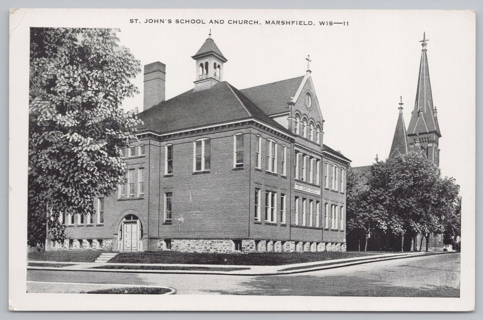 Marshfield Wisconsin~St John's School & Church~Vintage Postcard