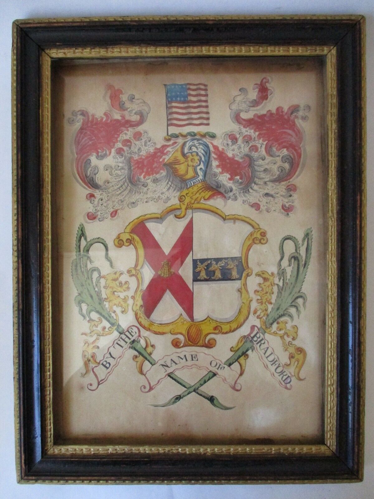 antique 1800's Bradford family CREST 15 star 15 stripe American Flag colonial MA