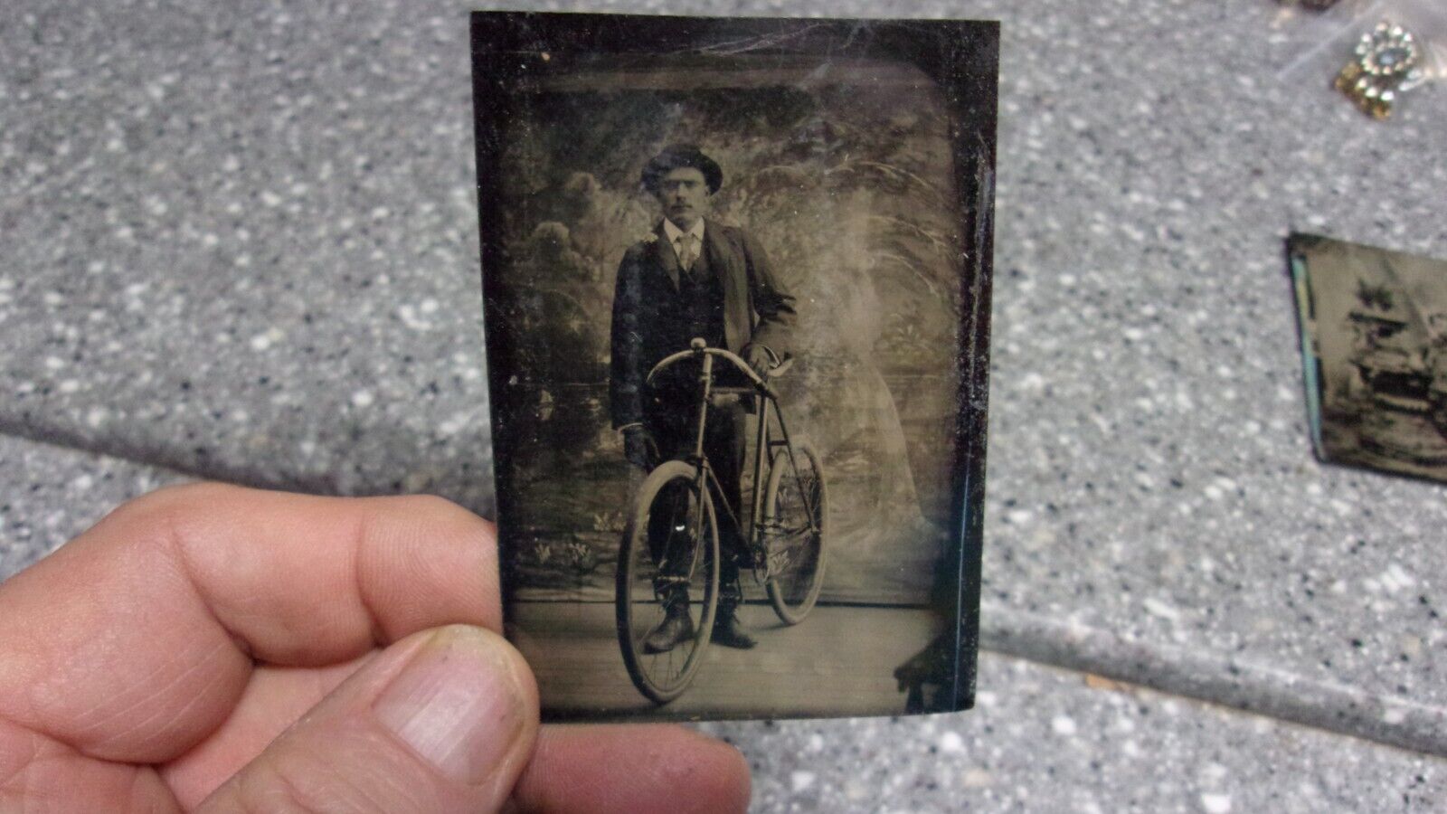 T817 Antique tin type photo with bicycle wolcott N.Y.