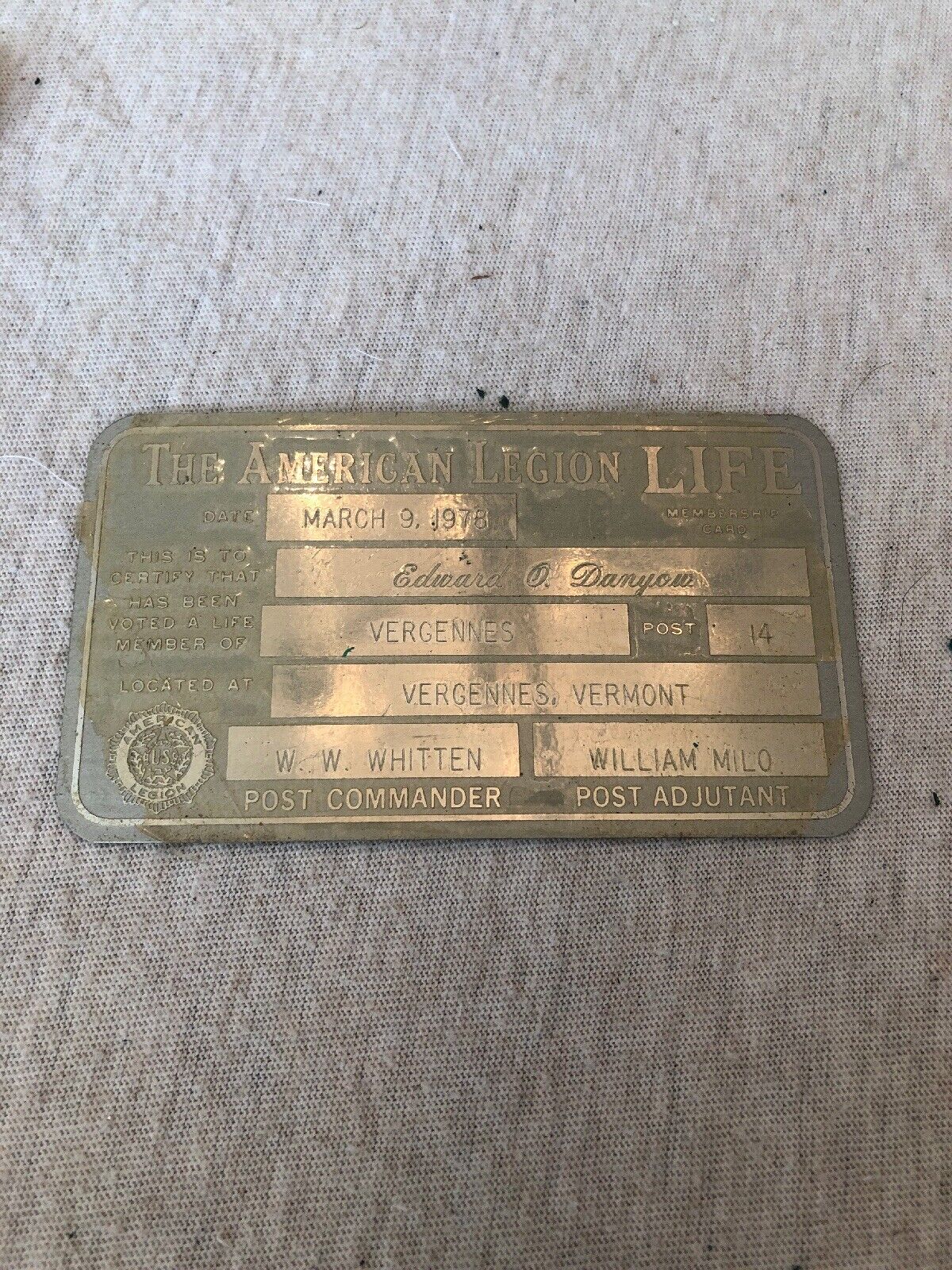 Vintage American Legion LIFE Membership Card 1978 Vergennes VT