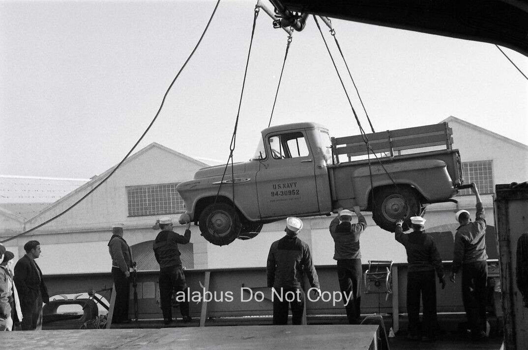 Orig 1960s NEGATIVE Crane & Sailors Lowering U.S. Navy Pickup Truck onto Ship