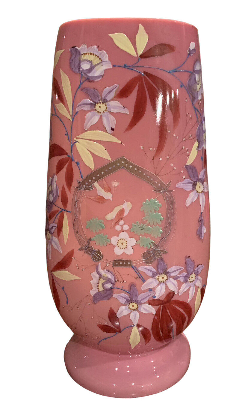 Antique Victorian 1850 Pink Cased Bristol Glass Vase Birds And Florals 12”x6”