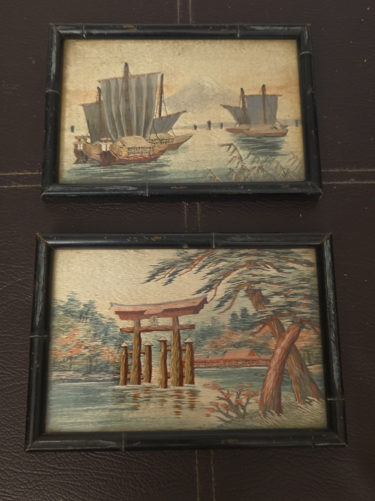 Pair Vtg Japanese Silk Embroidery Art Faux Bamboo Framed Joseph Horne Co Label Pair Vtg Japanese Silk Embroidery Art Faux Bamboo Framed Joseph Horne Co Label