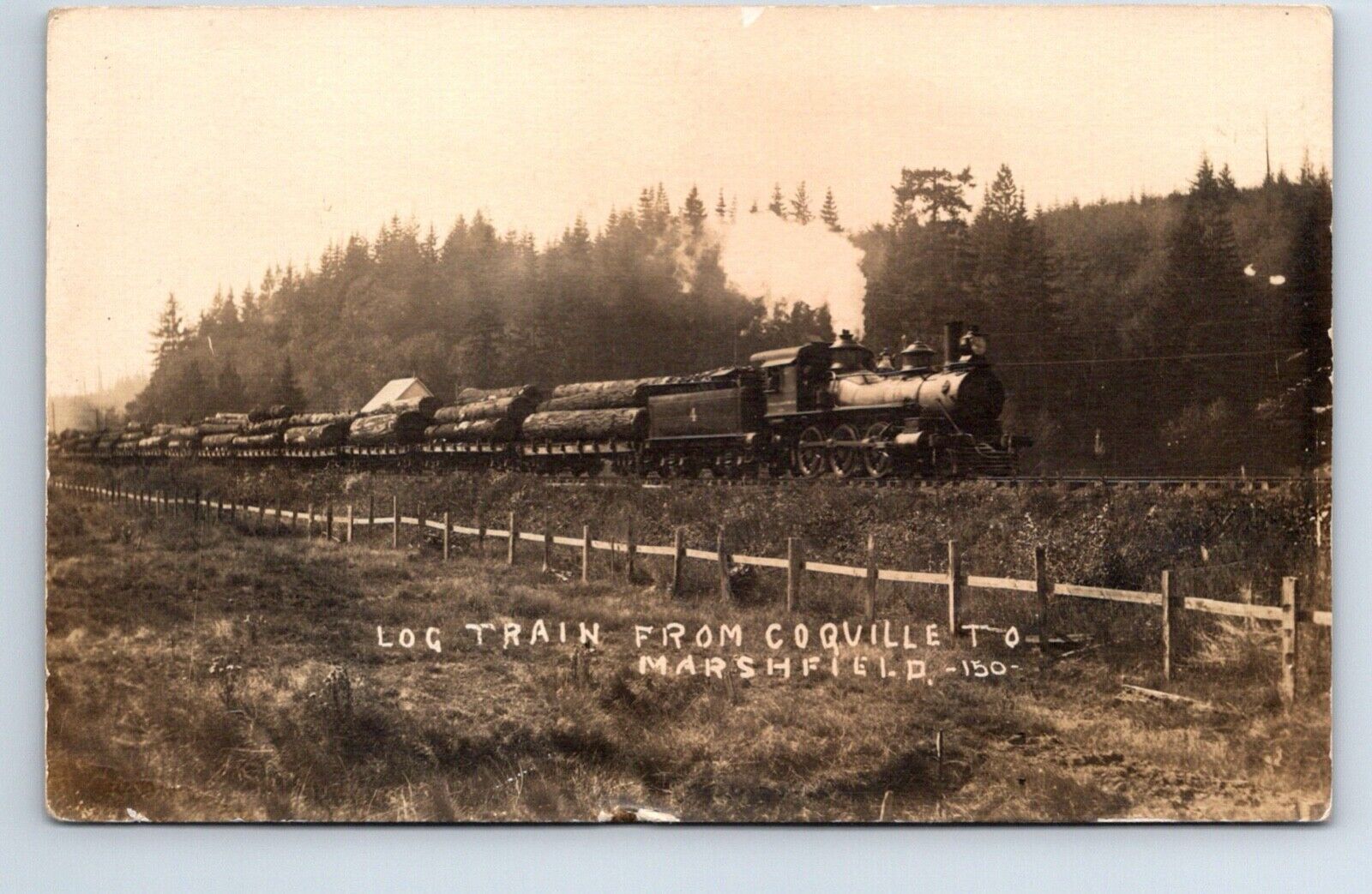 RPPC Real Photo Postcard Oregon Coquille to Marshfield Logging Train 1916
