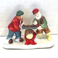 Porcelain Christmas Village Figurine Men Sawing a Log Made in Tiawan picture