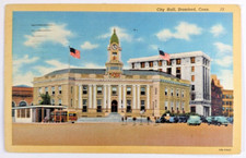 City Hall Stamford, CT- Connecticut Trolley US Flags Old Cars c1940s Postcard H1 picture