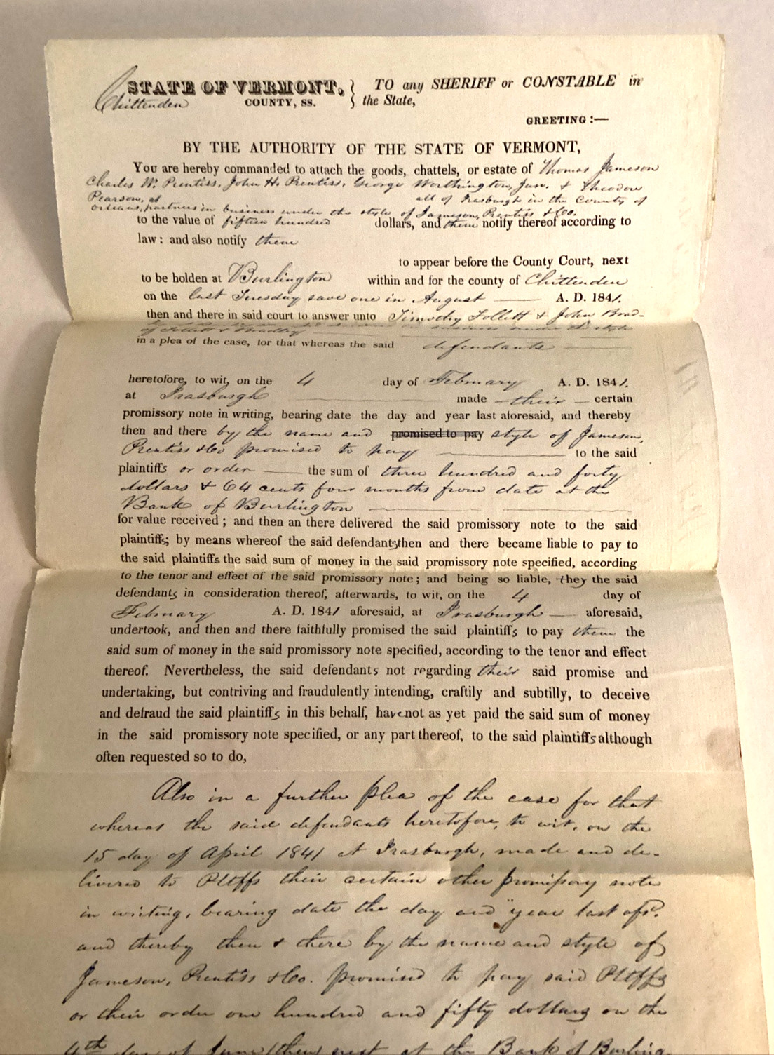 1841 Handwritten Court Doc Signed Sheriff Emerson Jameson Bradley Chittenden VT 1841 Handwritten Court Doc Signed Sheriff Emerson Jameson Bradley Chittenden VT
