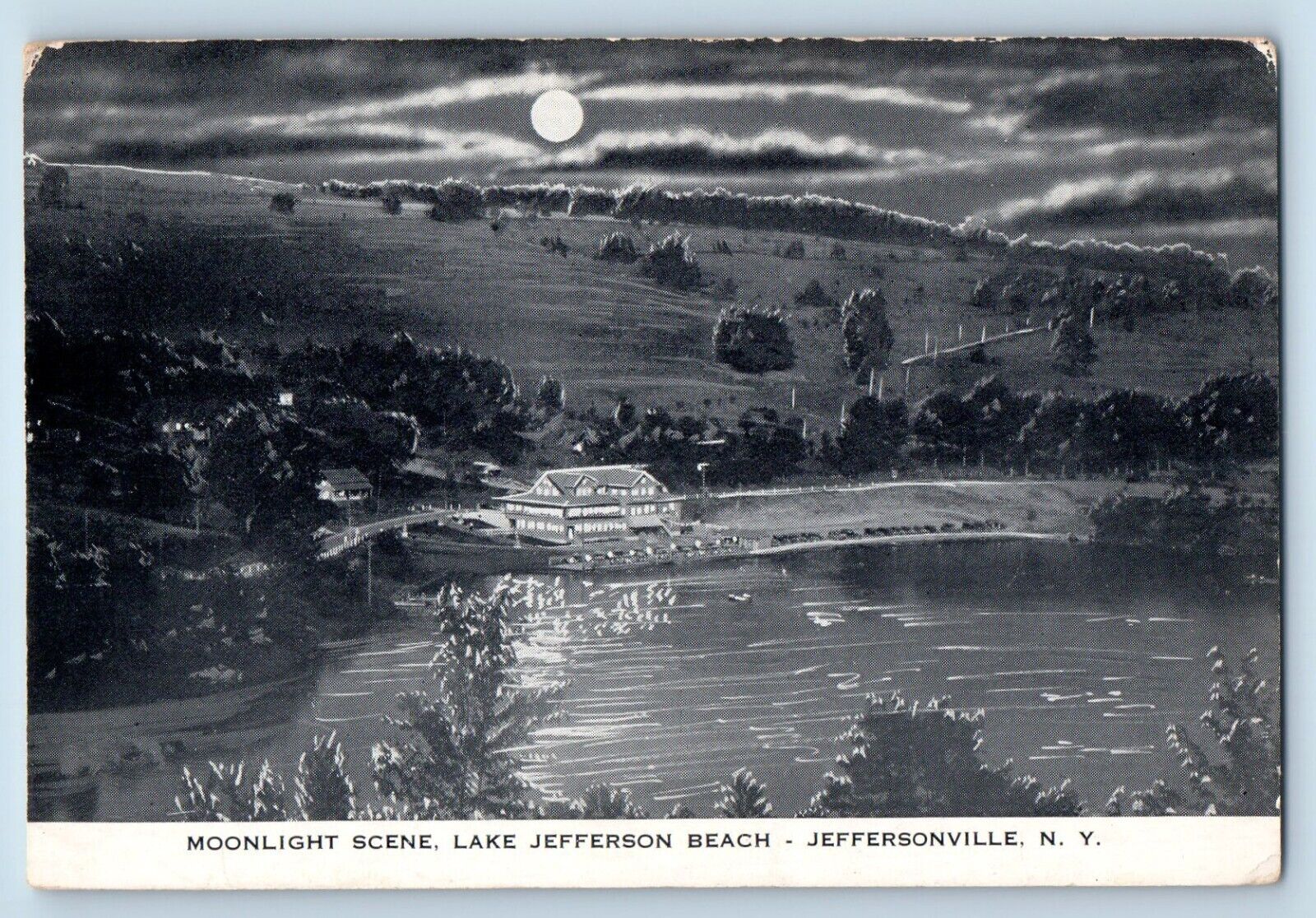 Jeffersonville New York NY Postcard Moonlight Scene Lake Jefferson Beach c1940