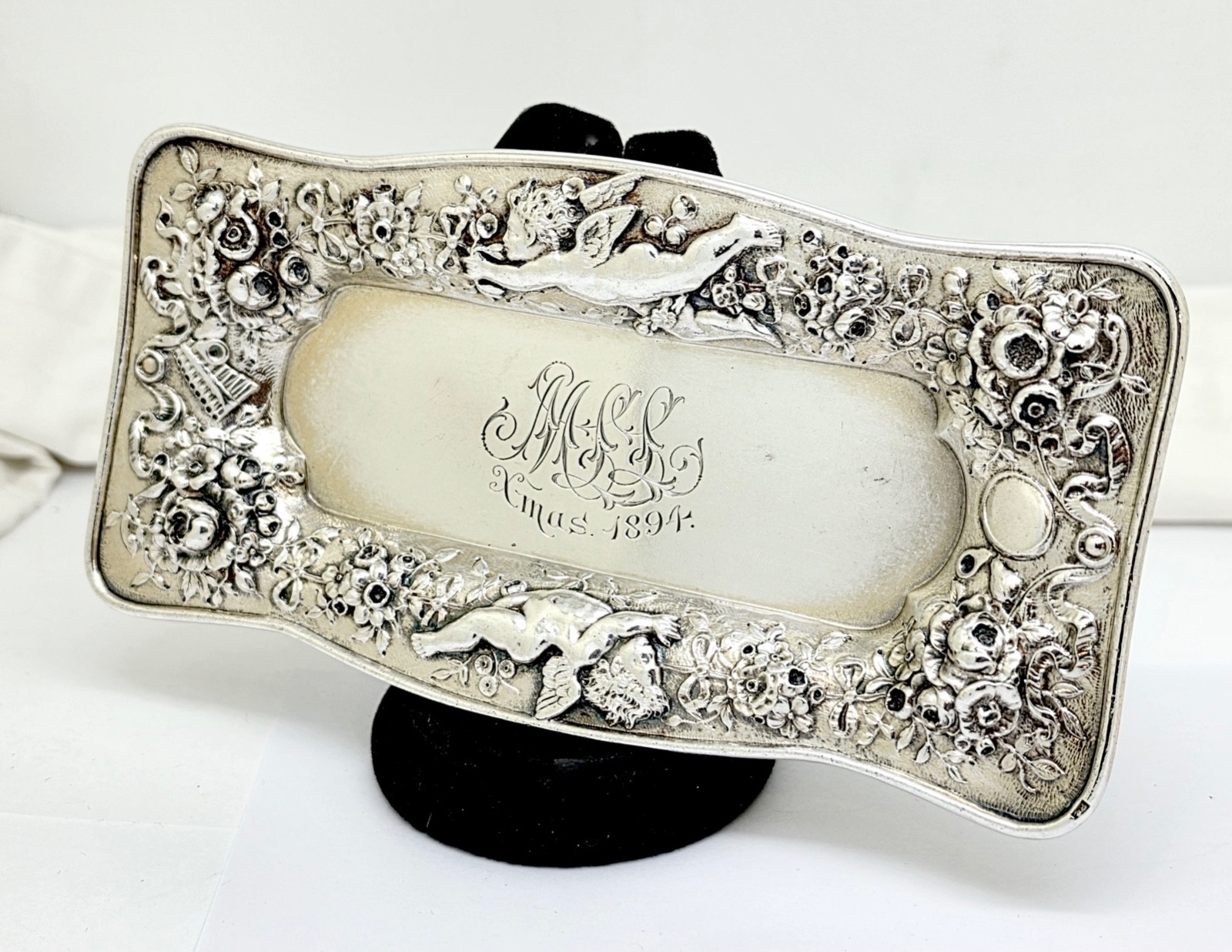 GORHAM CHRISTMAS 1894 STERLING SILVER PIN,DRESSER,RING TRAY,CHERUBS,FLOWERS,6\