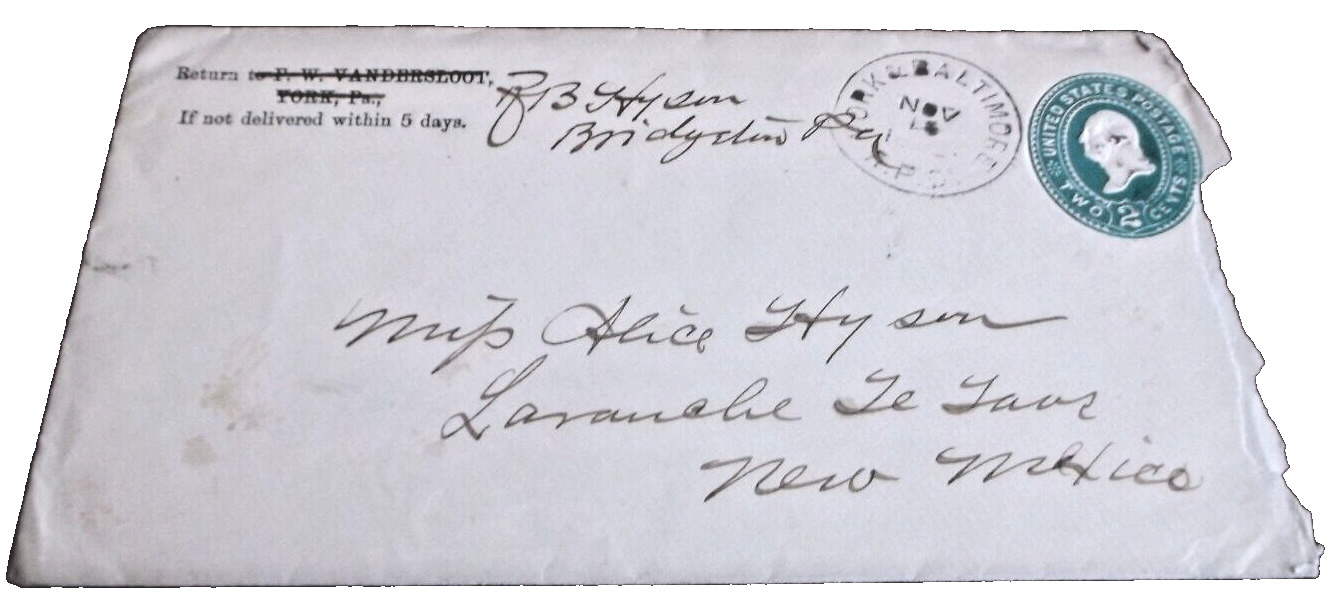 1892 BALTIMORE & LEHIGH YORK & BALTIMORE RPO HANDLED ENVELOPE
