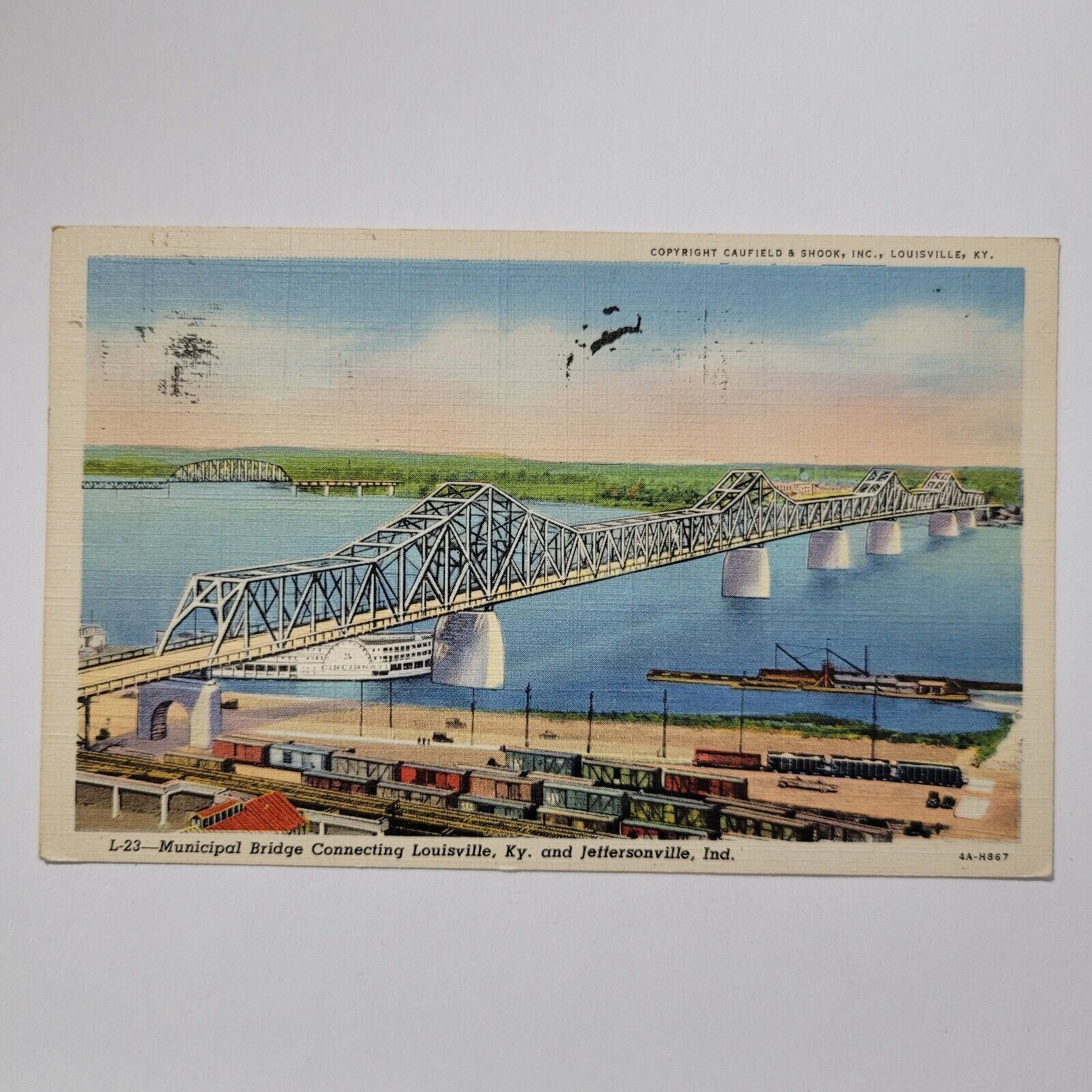 Municipal Bridge Louisville Kentucky Jeffersonville Indiana River Boat Postcard