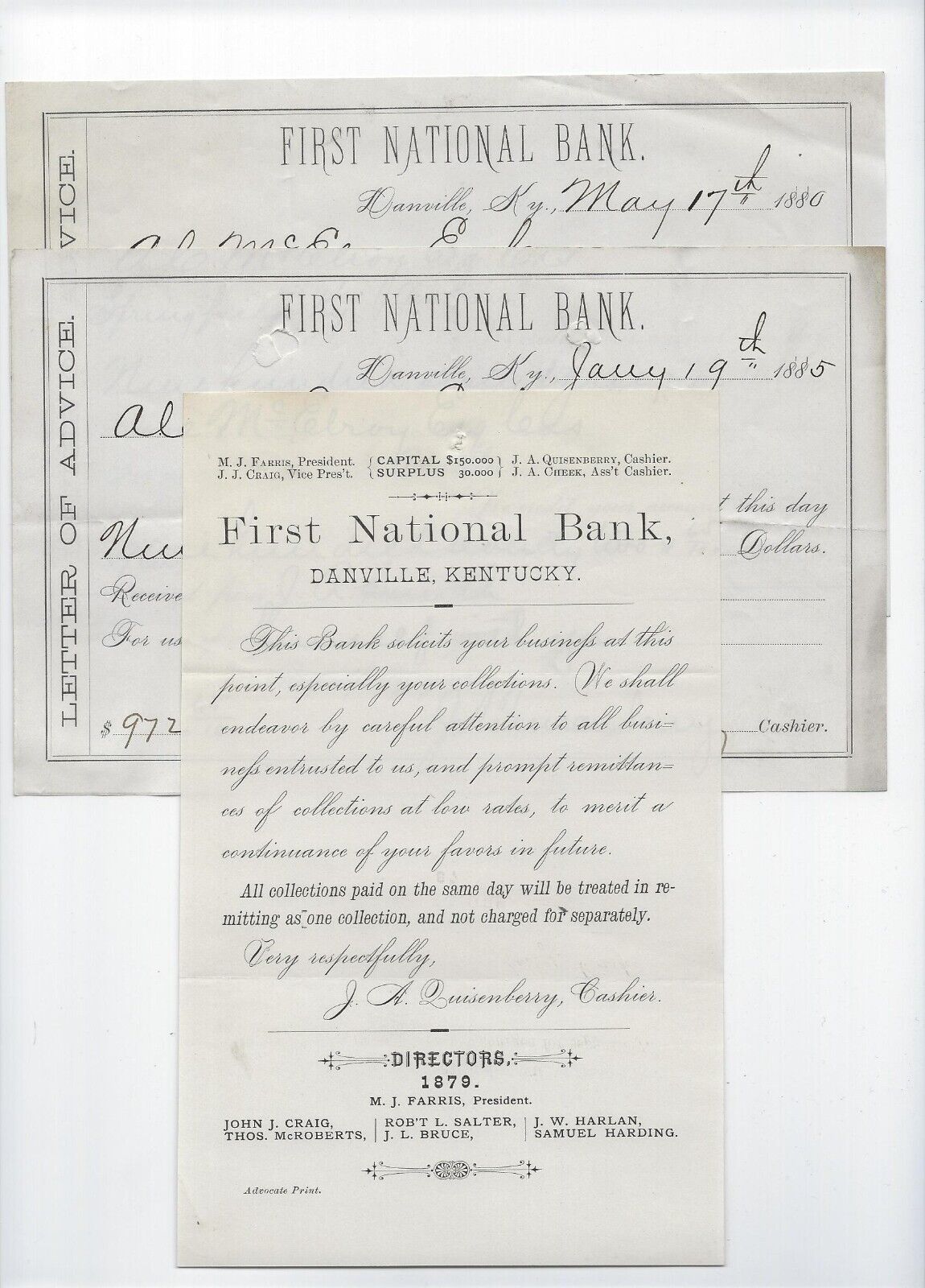 (3) Danville KY Papers: 1879, 1880,1885 ~ First National Bank