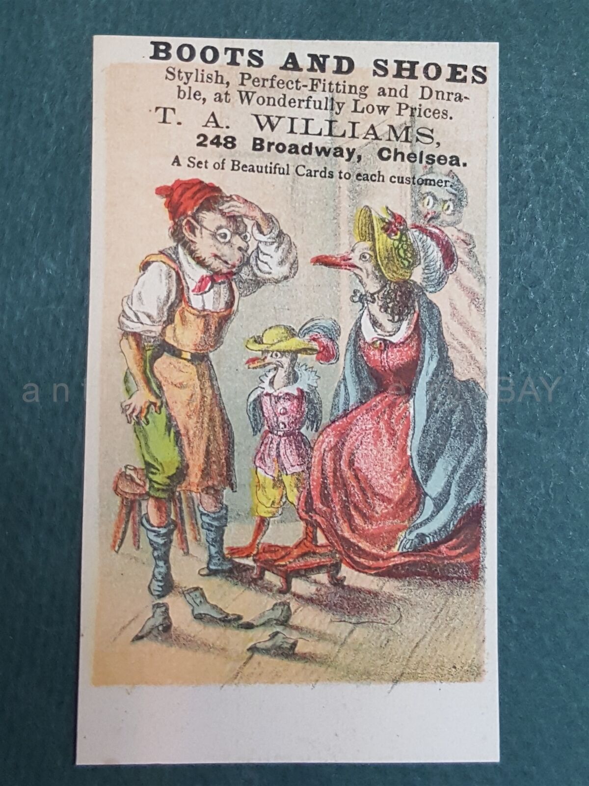 1880s antique T.A. WILLIAMS BOOTS SHOES chelsea ny ANTHROPOMORPHIC TRADE CARD