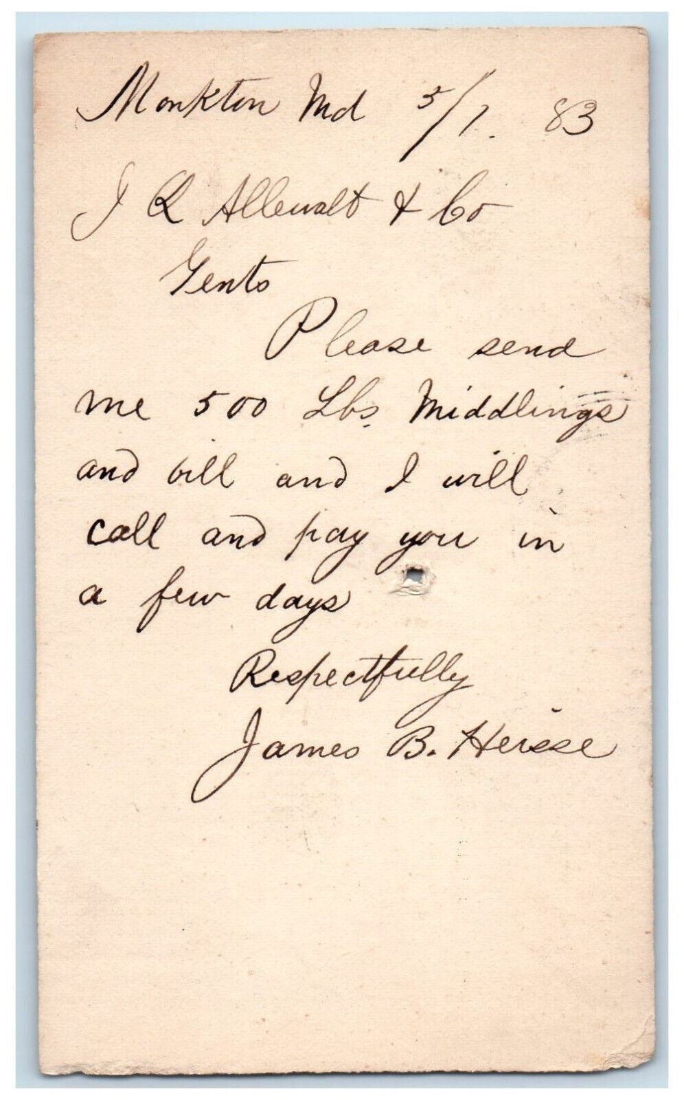 1883 Middlings and Bill Monkton Maryland MD Baltimore MD Posted Postcard 1883 Middlings and Bill Monkton Maryland MD Baltimore MD Posted Postcard