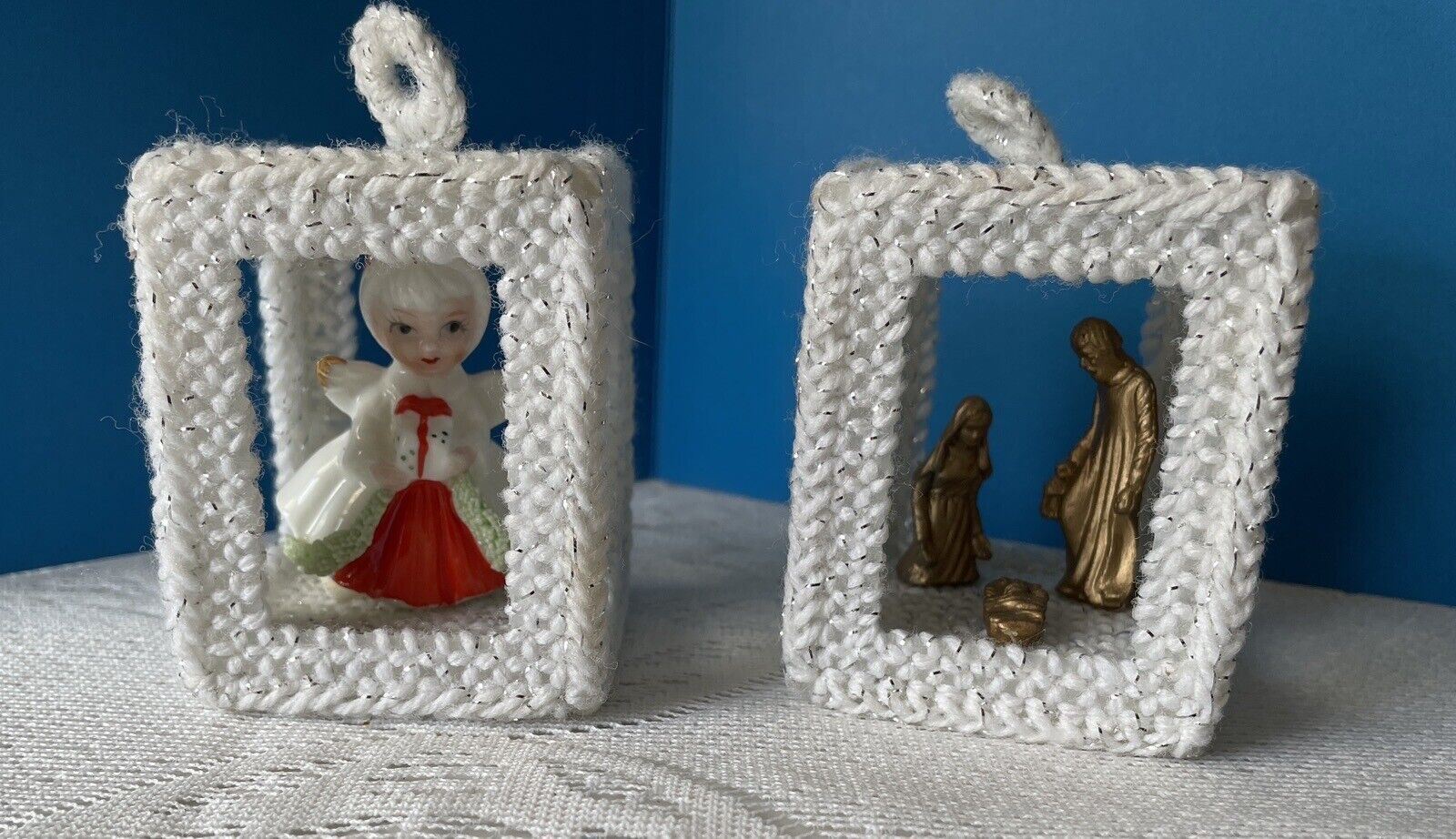 Vintage Crochet Canvas Lot Diorama Ornaments Angel & Nativity Mary Joseph Jesus