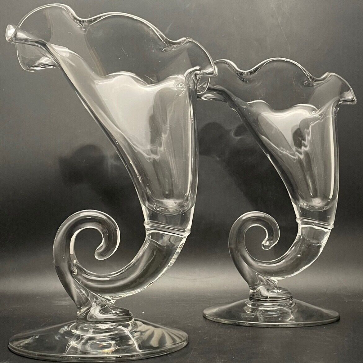 Cambridge Clear Glass Pristine Cornucopia 2 Piece Vase Set c1939 Made in USA