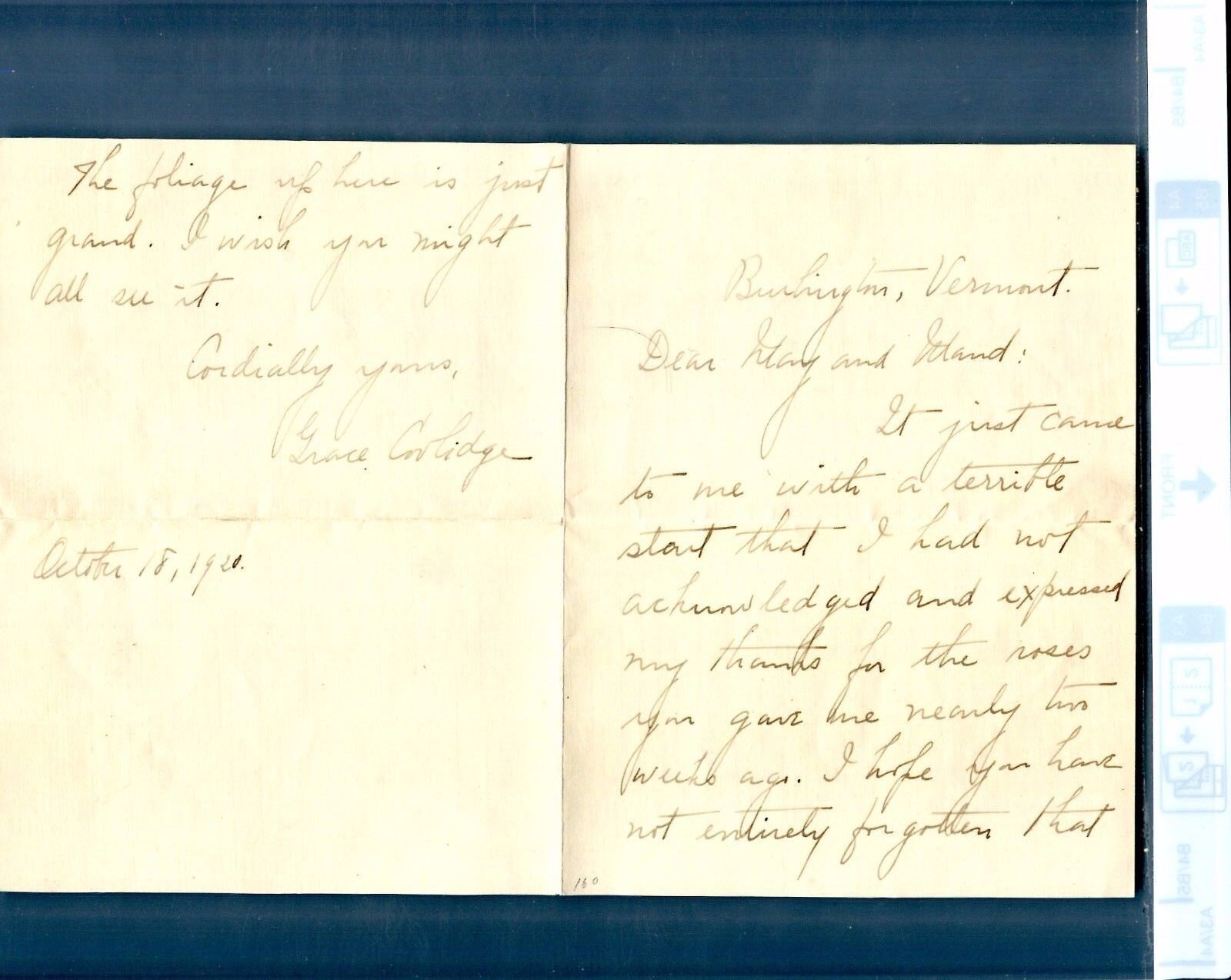  Letter GRACE COOLIDGE 3+ pages + Envelope Hand Written Burlington Vt 1920  