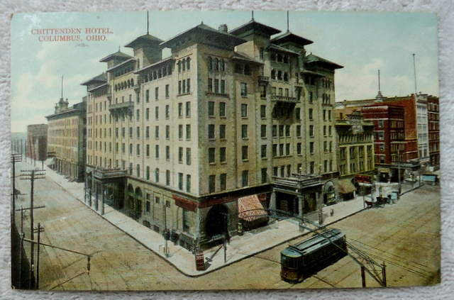 1909 POSTCARD ELECTRIC RAILROAD TROLLEY TRAIN CHITTENDEN HOTEL COLUMBUS OHIO #1