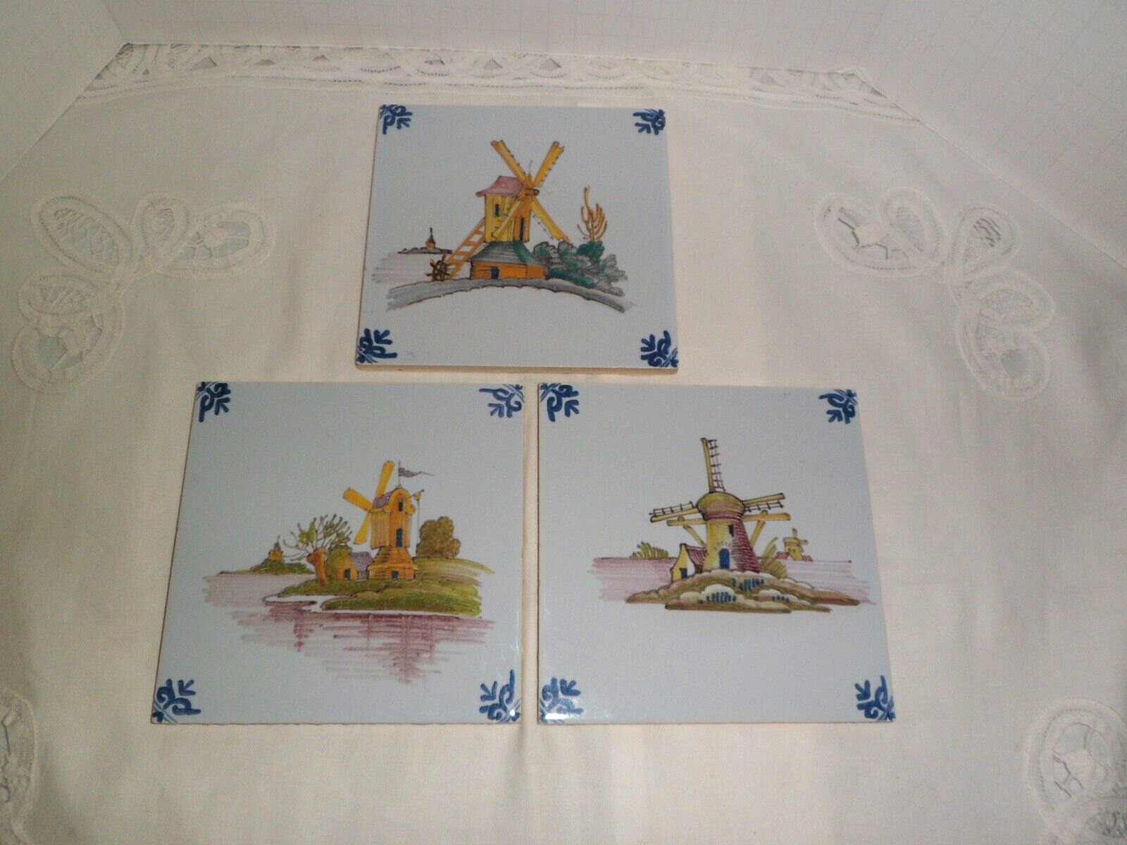 Three (3) Hand Painted Delft Holland Tiles-Windmills-Signed