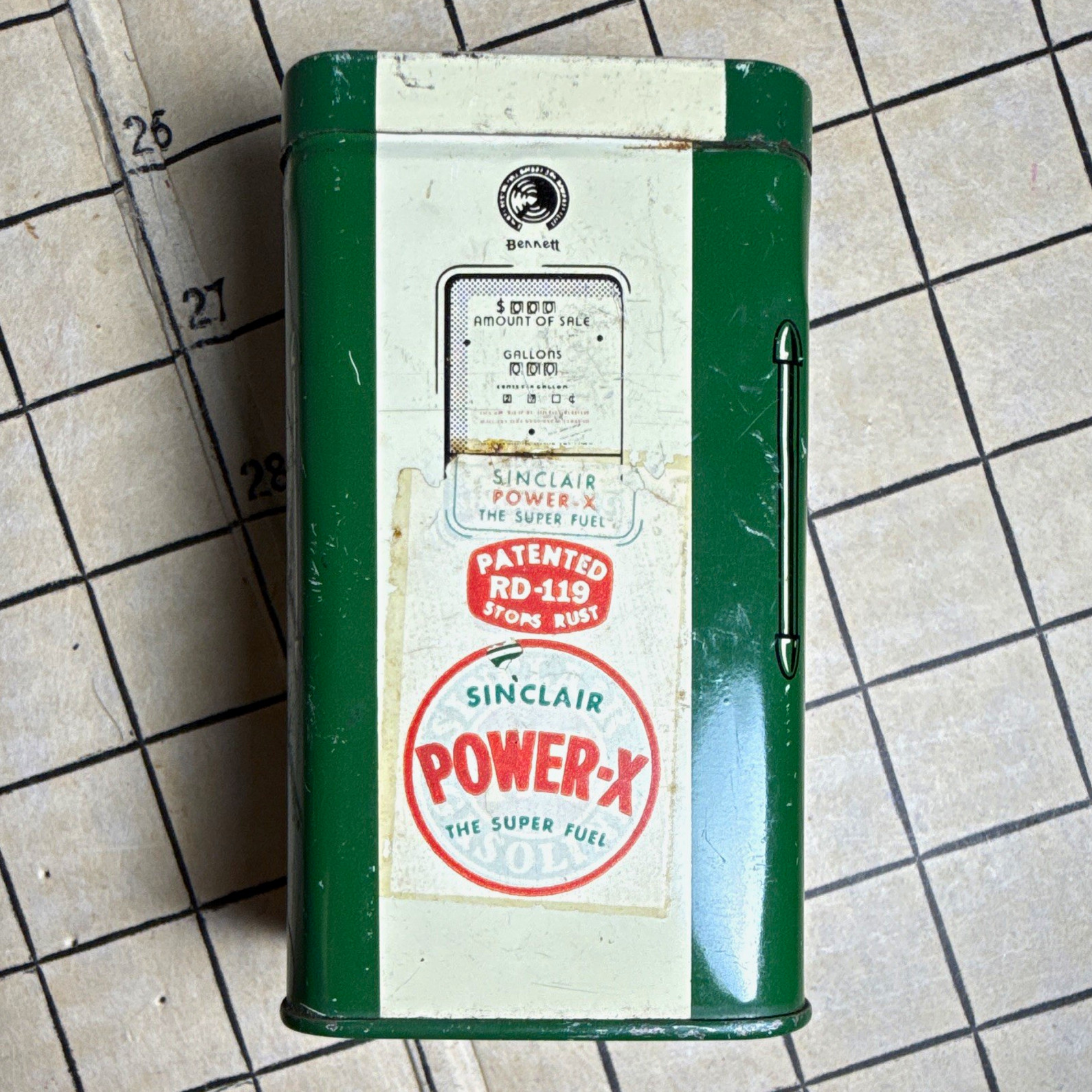 Vintage 1950s Sinclair Power-X Gas Pump Tin Coin Bank Bennett RD-119 Advertising Vintage 1950s Sinclair Power-X Gas Pump Tin Coin Bank Bennett RD-119 Advertising