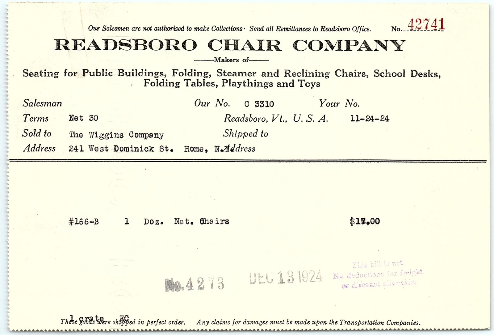 1924 Readsboro Chair Co. VT Billhead - Chairs/Desks