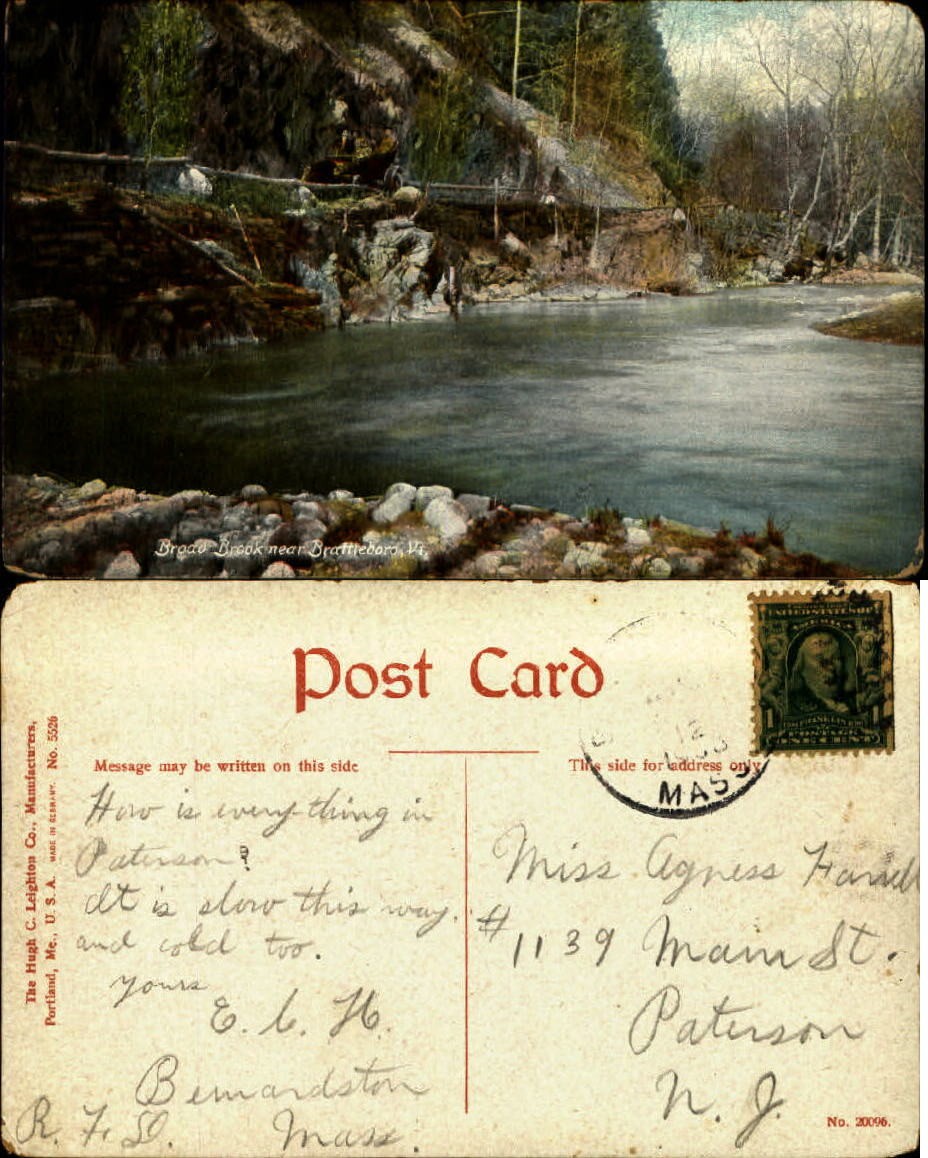 Broad Brook near Brattleboro Vermont antique car duplex cancel 1908