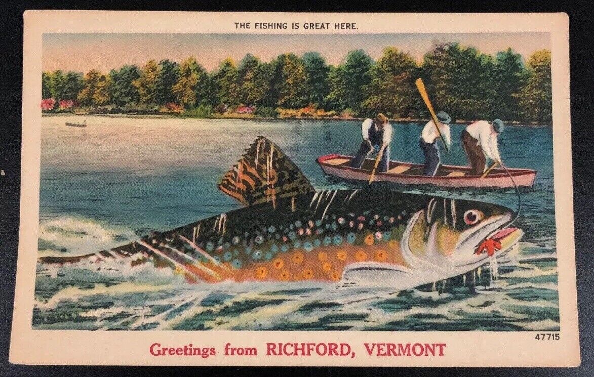 Greetings From Richford Vermont Freak Fish Vintage Postcard No 925 Trout Fishing
