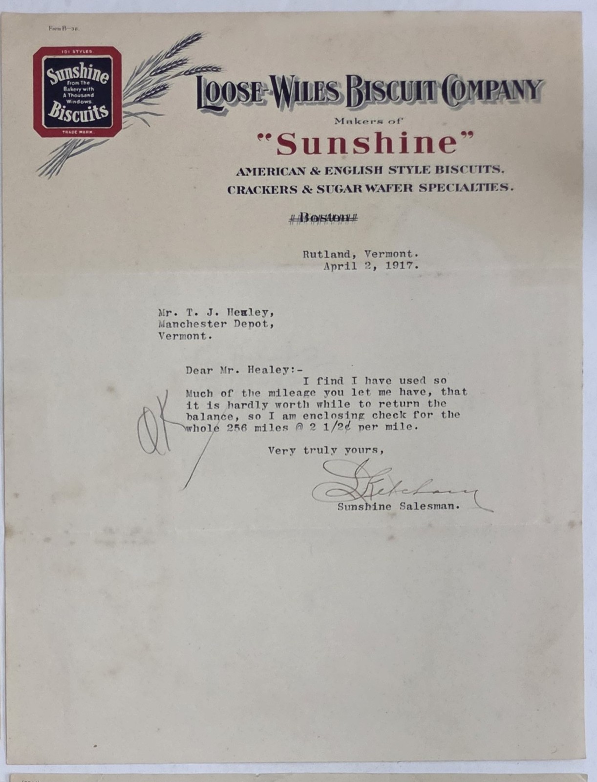 1917 antique LOOSE-WILES BISCUIT CO LETTERHEAD rutland vt SUNSHINE BISCUITS