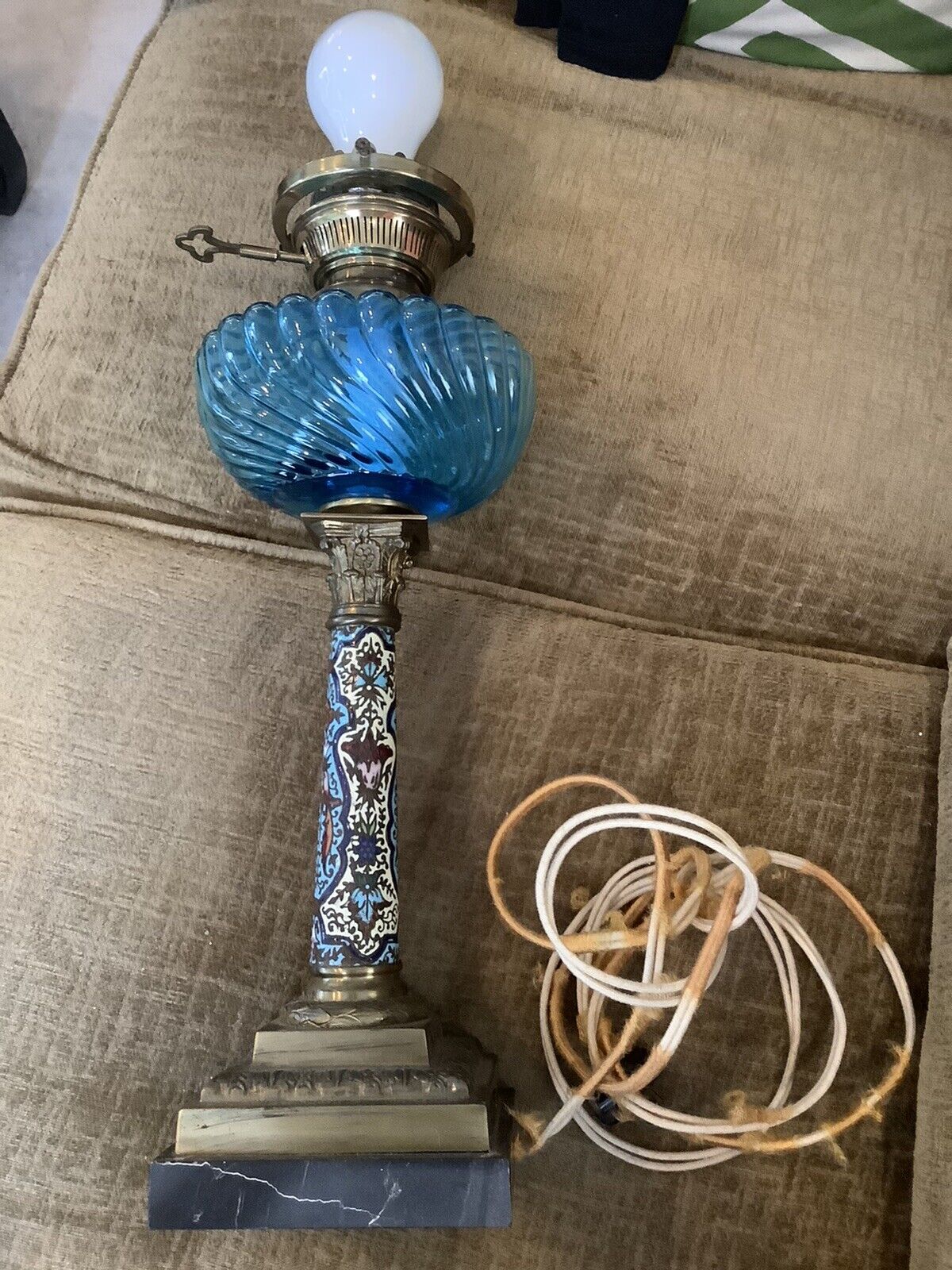 Cloisonné Corinth Baccarat Blue SwIrl Glass Oil Lamp Electric Marble Base France