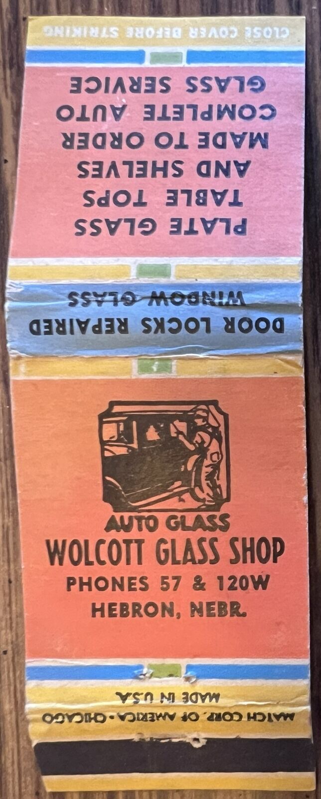 Wolcott Glass Shop Hebron NE Nebraska Vintage Matchbook Cover