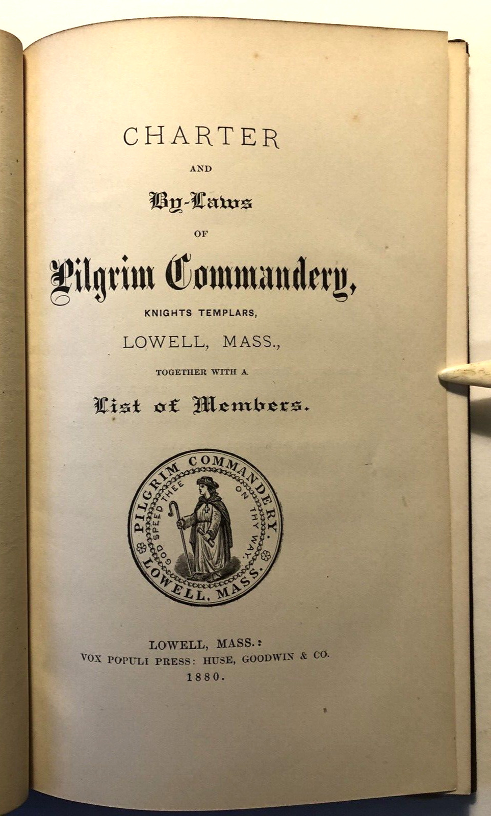 LOWELL MA 1880 Charter & By-Laws Pilgrim Commandery Knights Templars Masons RARE