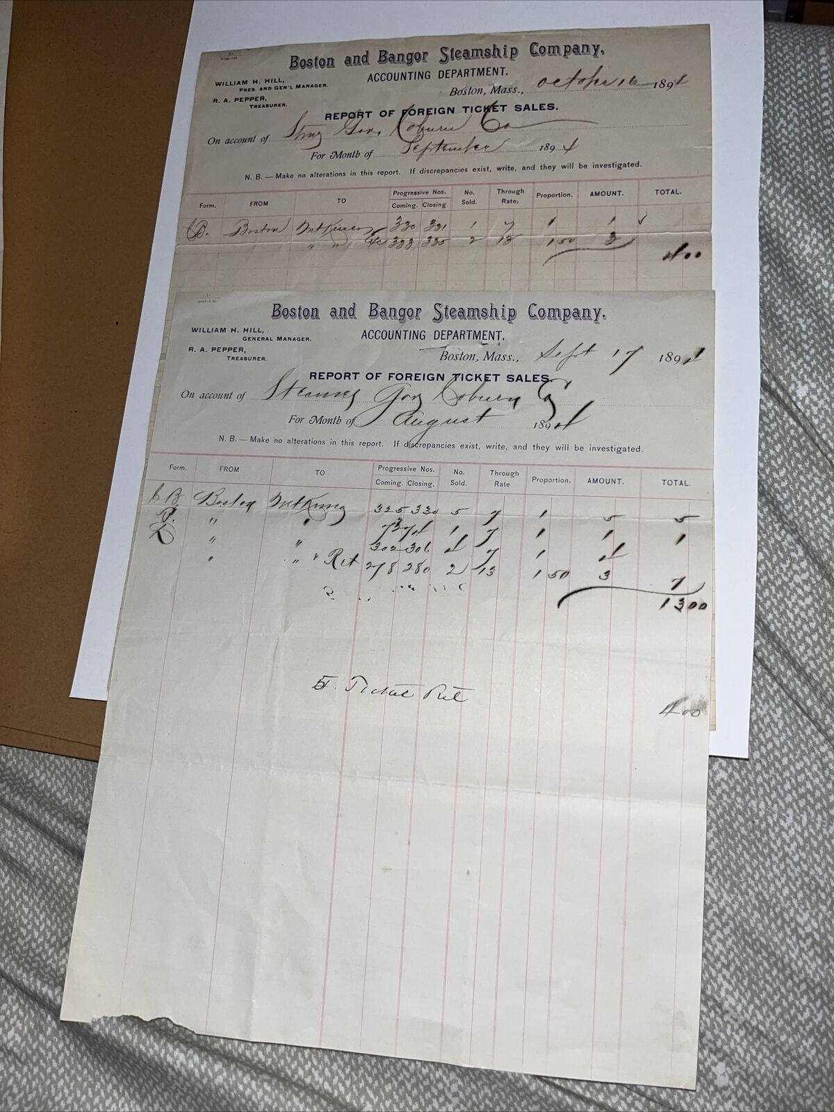 1894 Boston and Bangor Steamship Invoices for Coburn Steamers Co Account