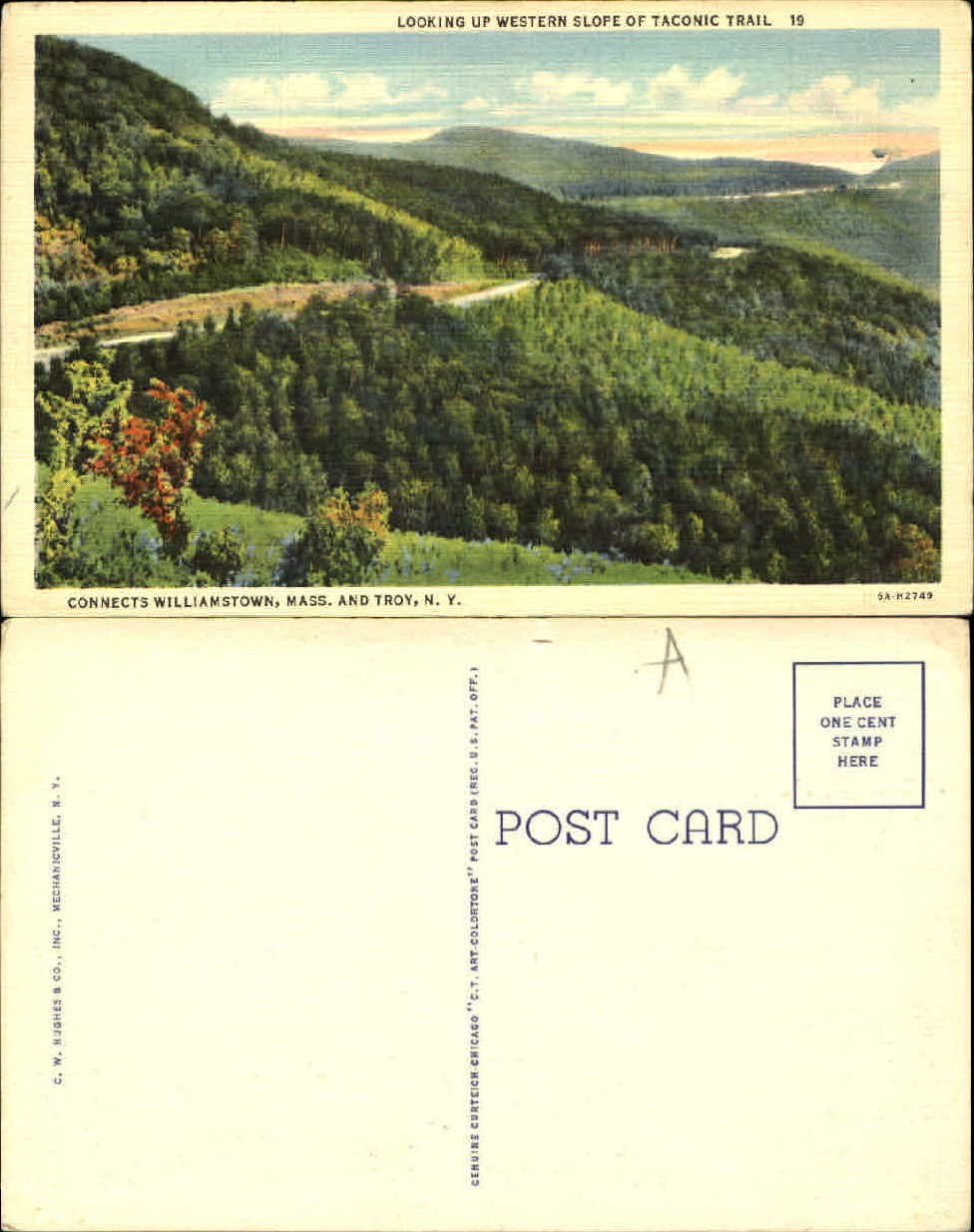 Taconic Trail Williamstown MA Troy NY panorama linen unused old vintage postcard