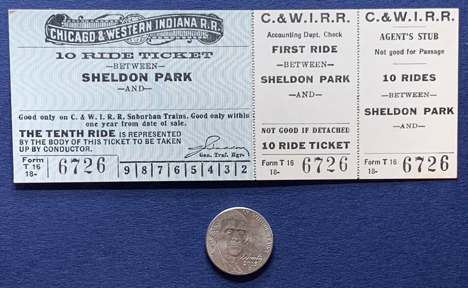 SHELDON PARK 10 RIDE TICKET BLUE AND WHITE C&WI TRAIN #6726