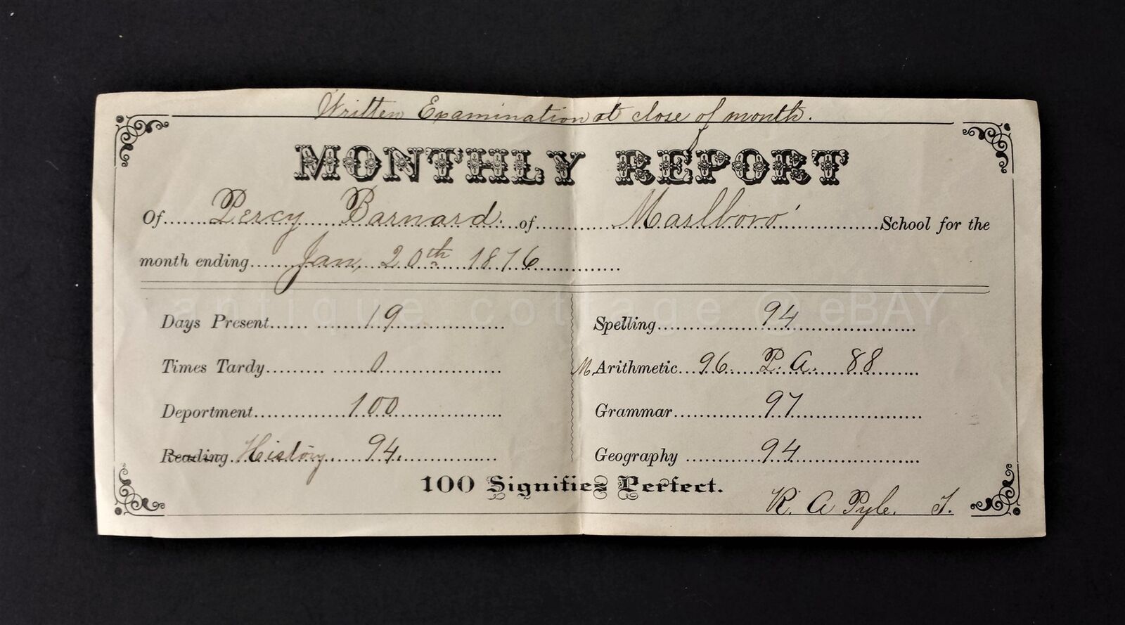 1876 antique PERCY BARNARD MONTLY MARLBORO SCHOOL REPORT chester pa downing pyle