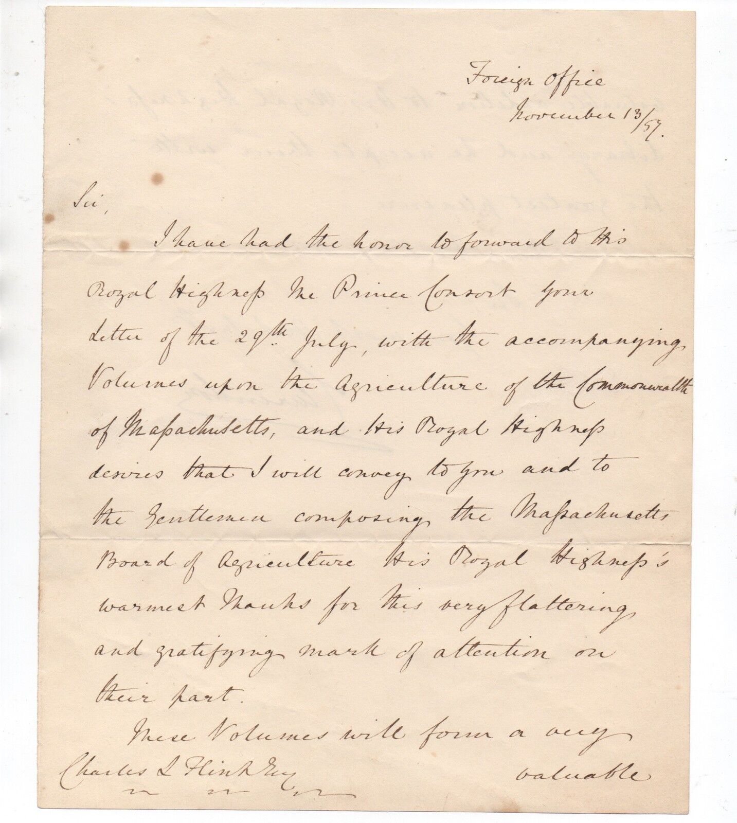 1857 Letter regarding Donating Books on Massachusetts to Royal Highness Library