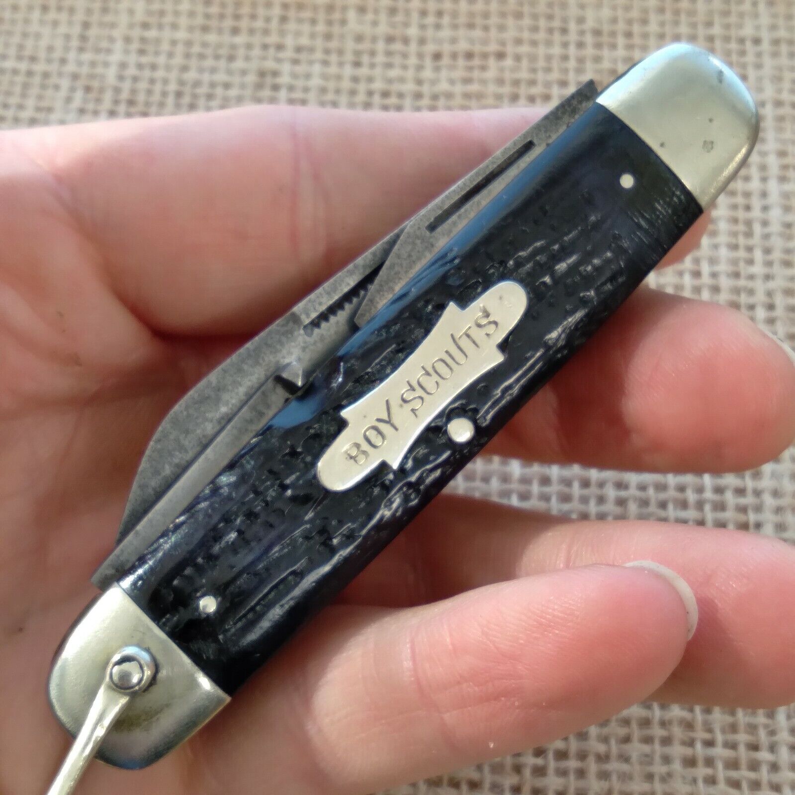Vintage Antique Union Cut Co Green Bone Boy Scout Camp Utility Pocket Knife