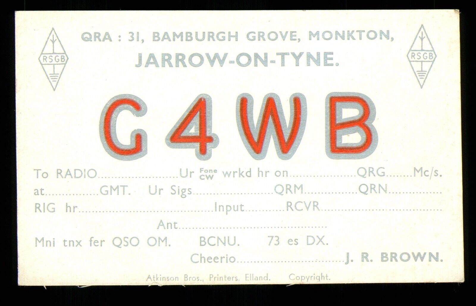 QSL Card Radio UK G4WB Monkton Jarrow on Tyne Undated J R Brown ≠ V556
