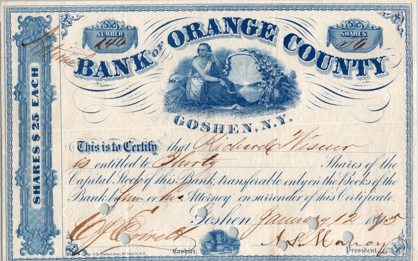BANK OF ORANGE COUNTY ( GOSHEN NY) .....1875 COMMON STOCK CERTIFICATE