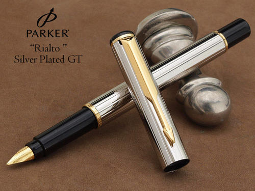 Parker Rialto Fountain Pen  Silver Plated Corinth & Gold  Broad Pt In Box Mint *