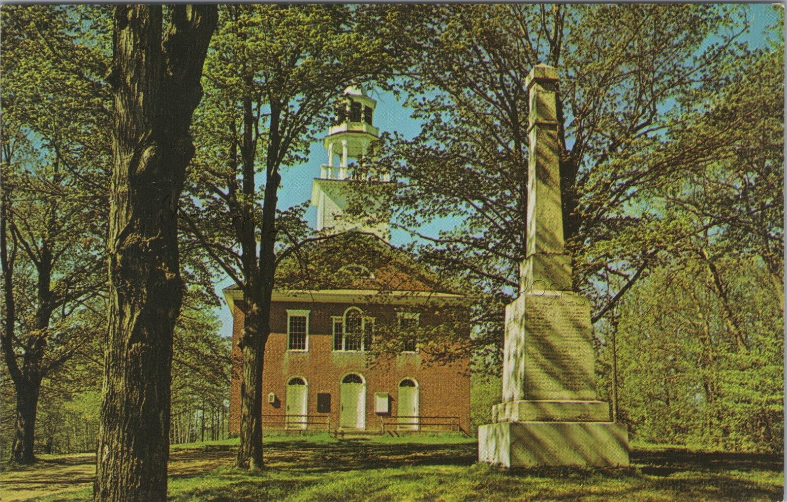 Weathersfield, VT: Meeting House + Vermont Civil War monument, vintage postcard