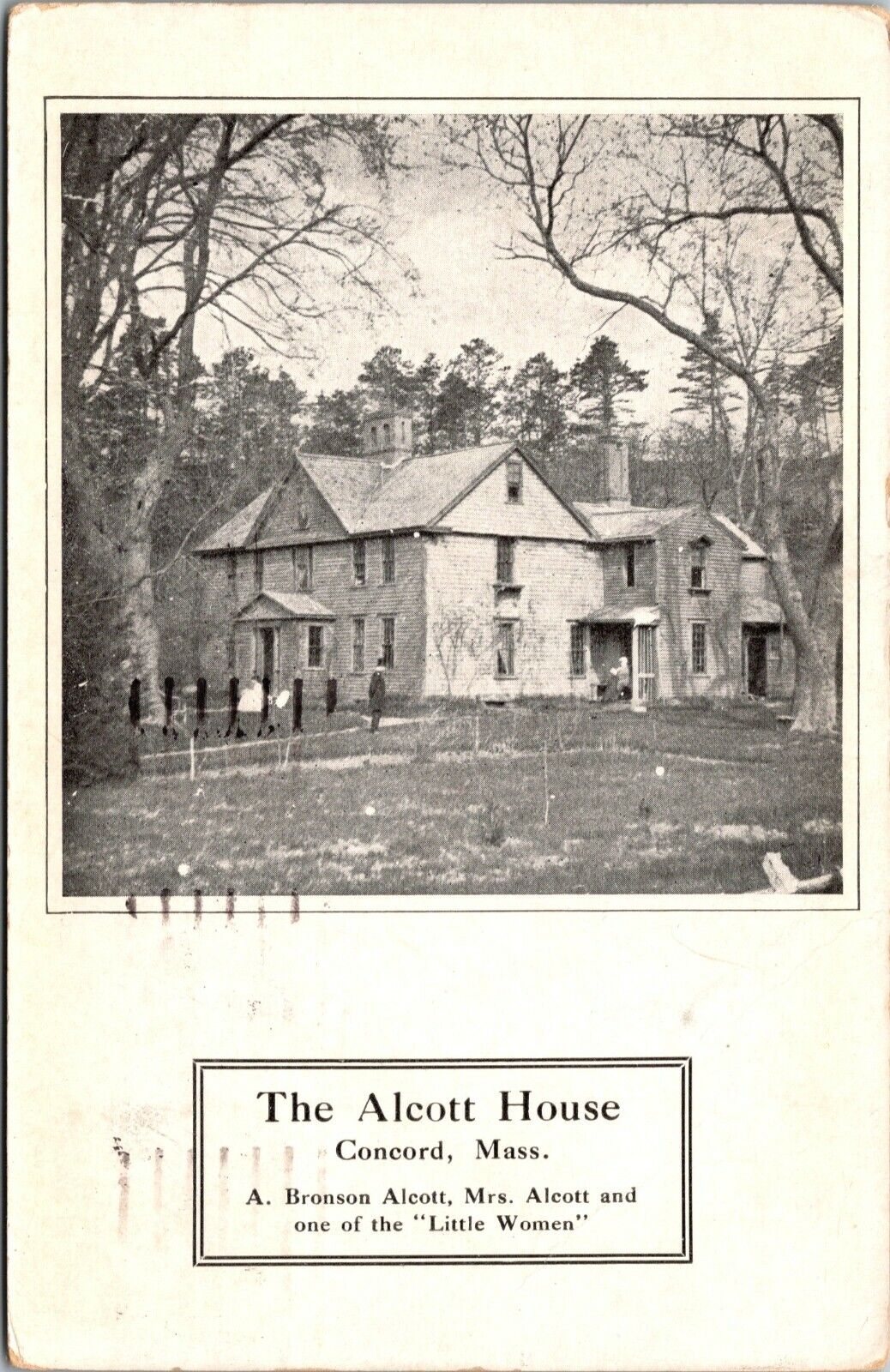 Postcard- Concord, MA, Mrs. Alcott, A. Bronson, & 1 of the Little Women at House