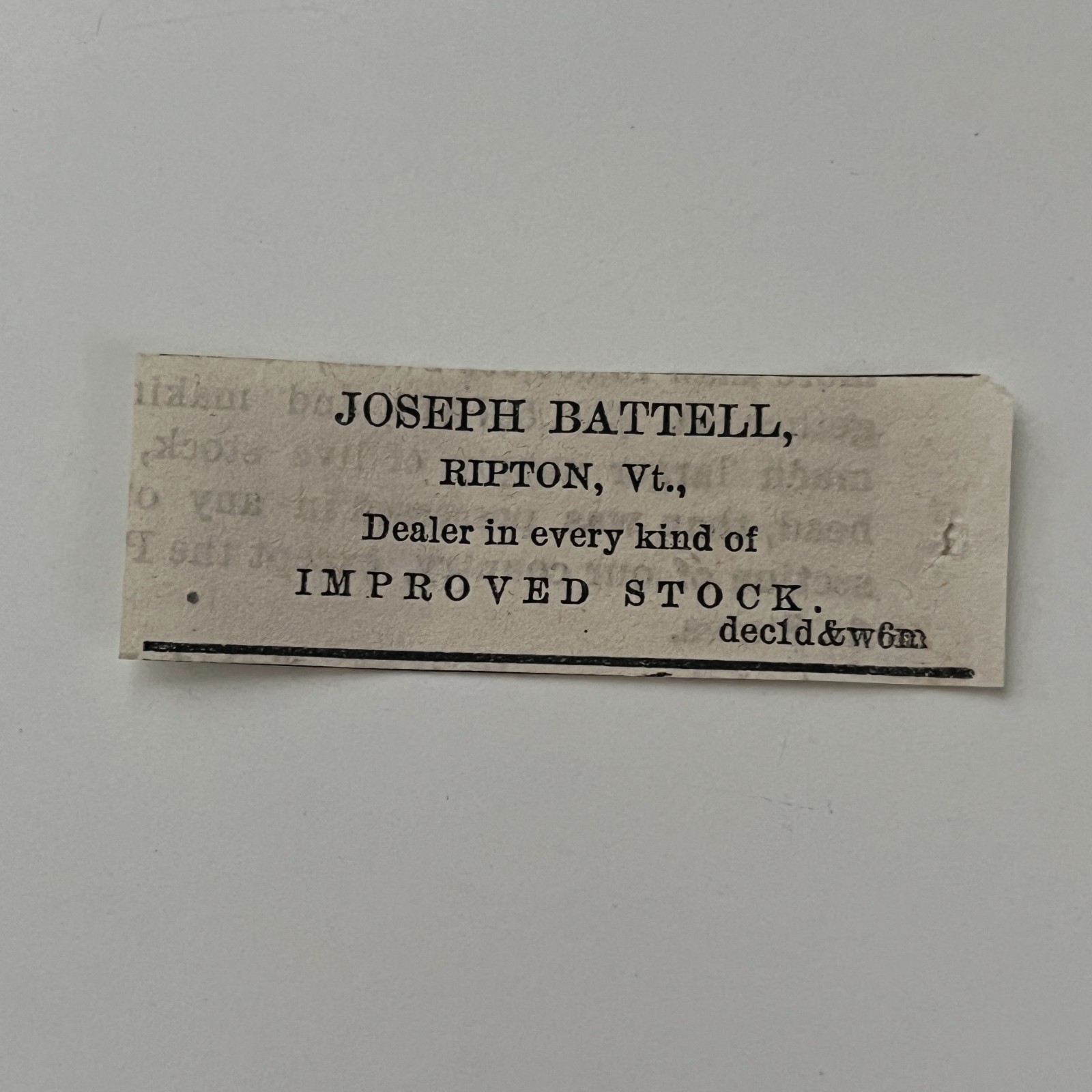 Joseph Battell Dealer Of Improved Stock Ripton VT 1867 Rutland Clipping TAJ7-S77
