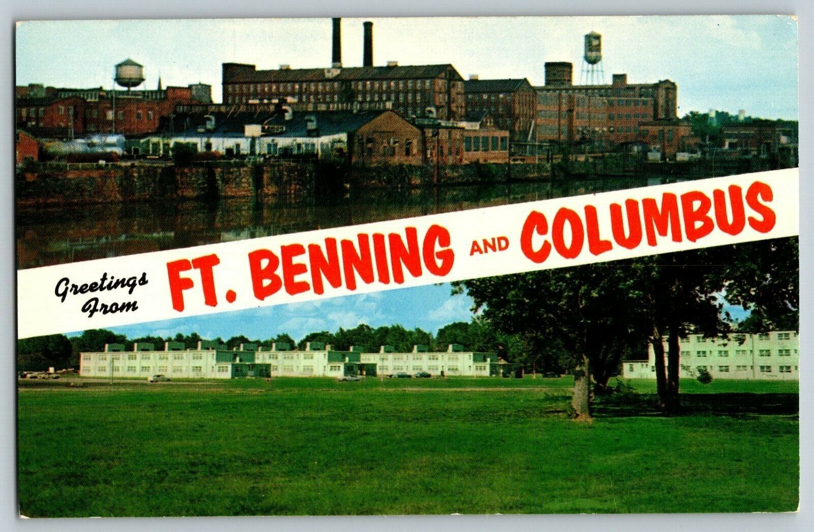 GREETINGS FROM FT. BENNING AND COLUMBUS GEORGIA VTG POSTCARD