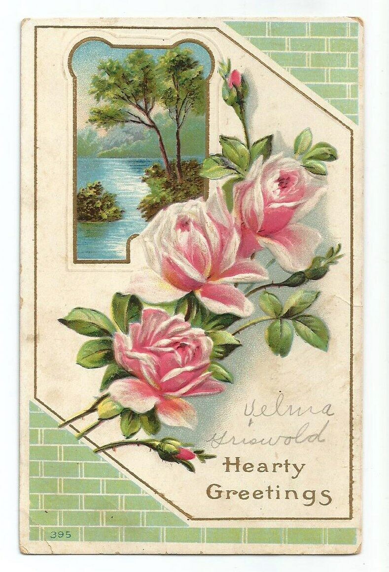 Antique Hearty Greetings Postcard Embossed Floral c1910 Colchester IL
