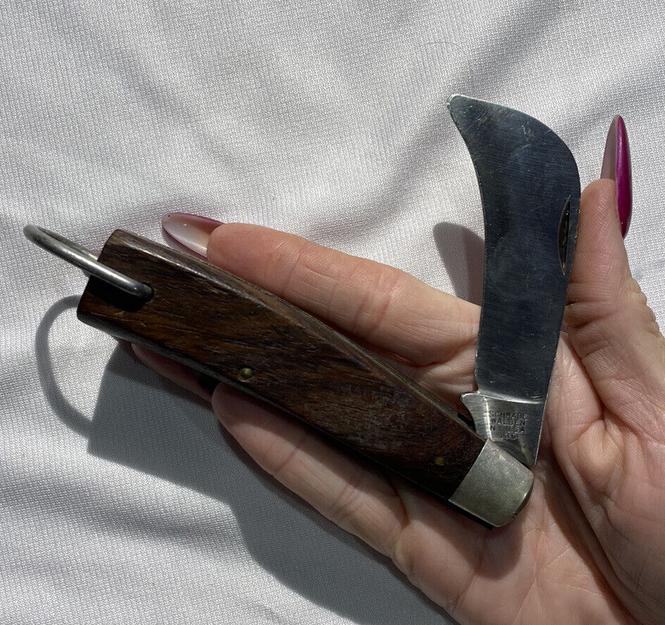 Vintage Schrade Walden NY USA Lineman’s Hawkbill Knife Wood Handle #136
