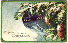 Vtg HOLD-TO-LIGHT Christmas PC HTL Candles Pine Tree Church Snow Undivided 1907 picture