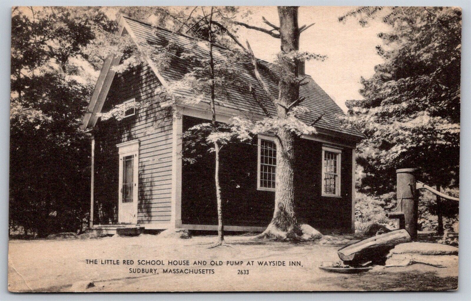 Sudbury Massachusetts Postcard Little Red Schoolhouse Old Pump Wayside Inn