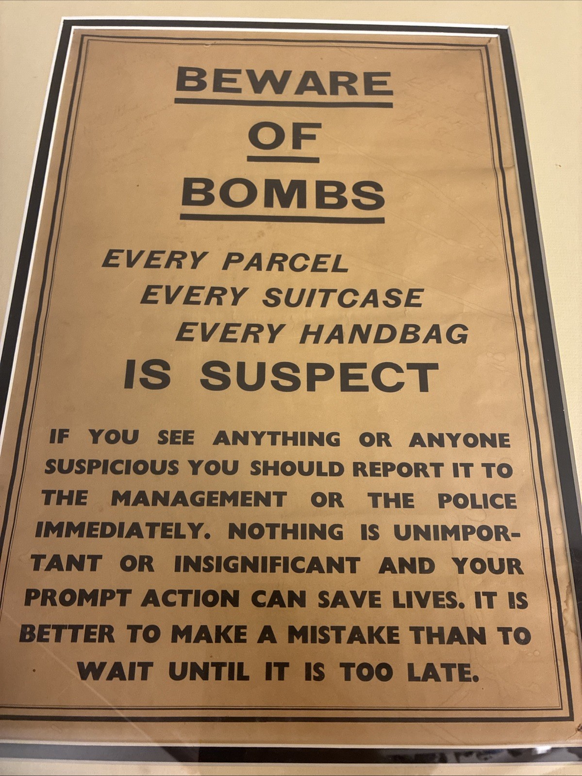 Vintage “Beware Of Bombs” Framed Poster IRA Postal Subway United Kingdom 1974