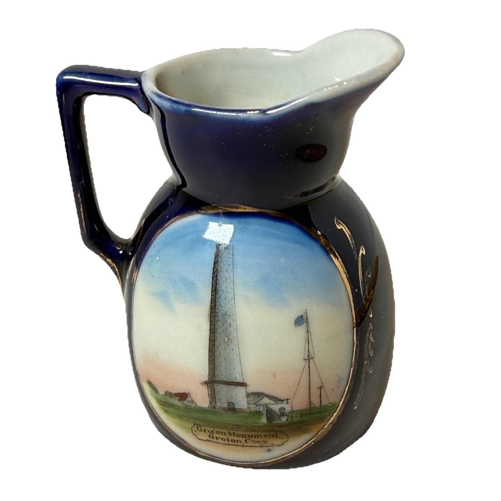 GROTON, Connecticut CT Antique GROTON MONUMENT Souvenir China COBALT Creamer
